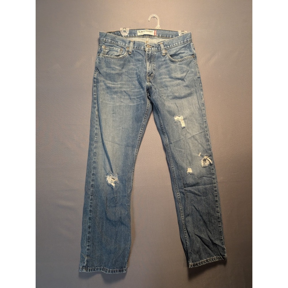 Levi's 514 Jeans Men's 33x32 Blue Denim Distressed Whiskered Slim Straight Leg